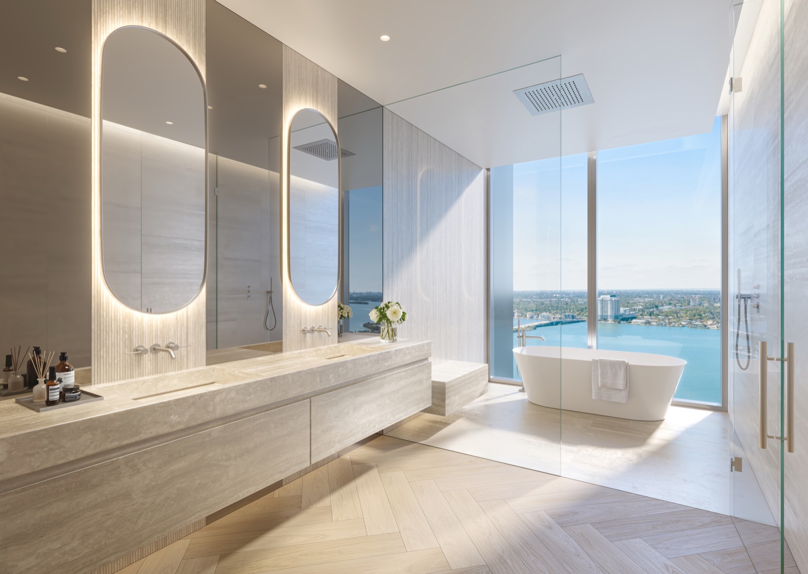 Primary bathroom with freestanding tub, Travertine vanity, Gessi fixtures, and Barousse doors.